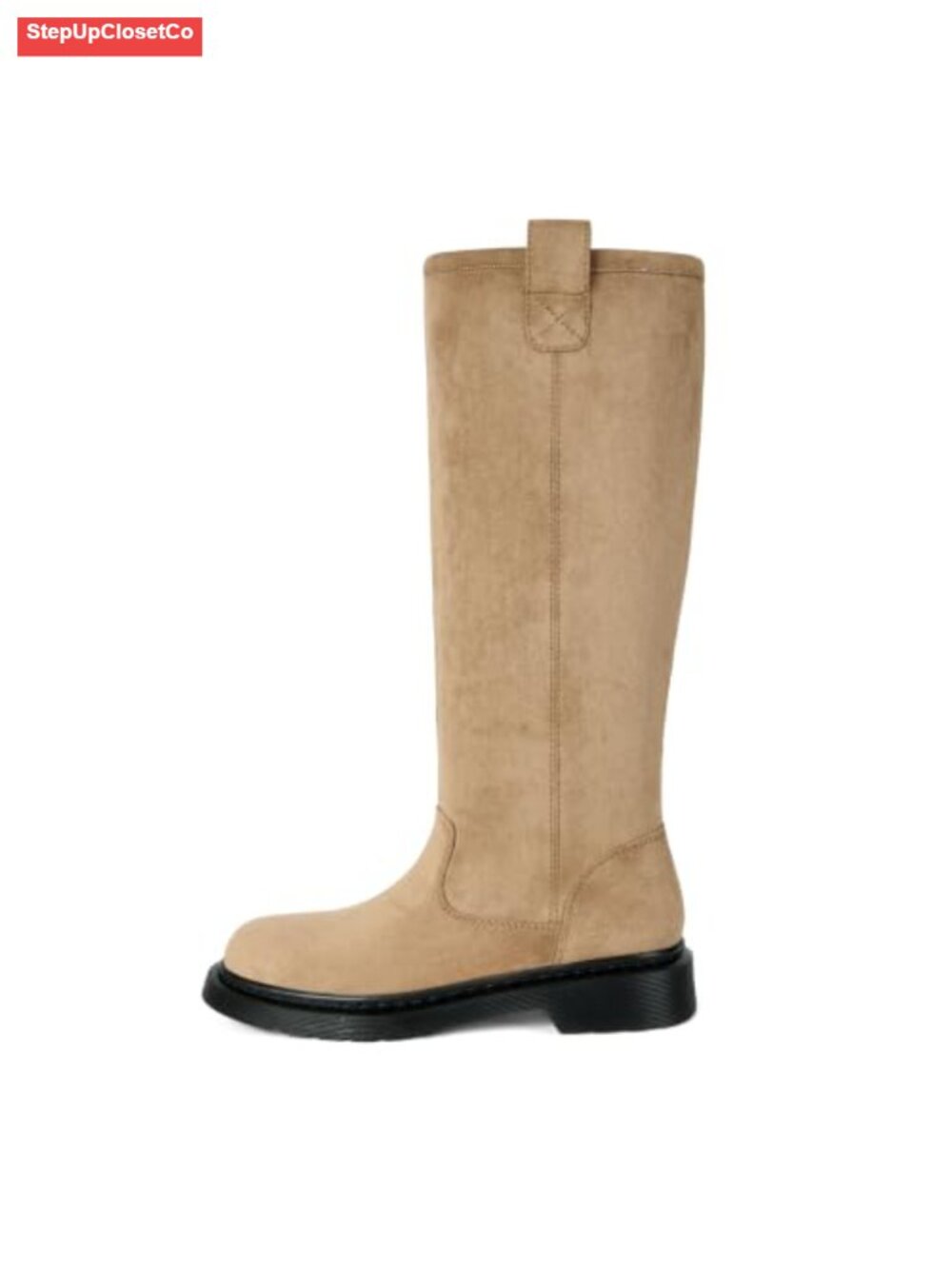 Vintage Knee High Pull-On Boots Faux Suede Block Heel Square Toe